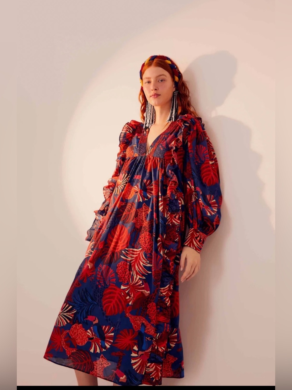 Farm Rio Animal Tapestry Midi Dress S Cotton Blue Red Cat Floral Puff Sleeve M
